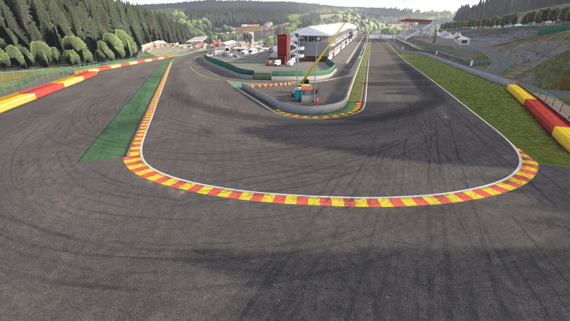 A hairpin at Spa-Francorchamps, rendered in Assetto Corsa and in the converted BeamNG level from the same camera.
